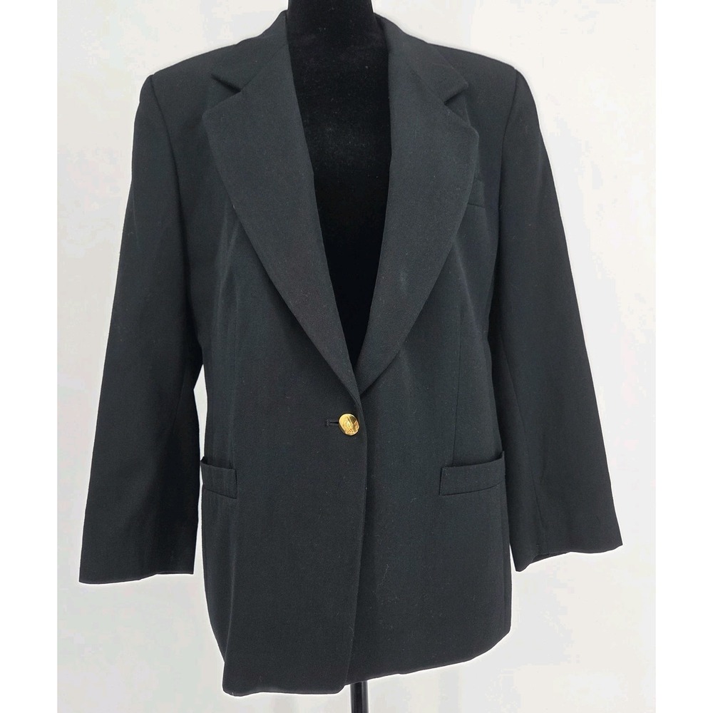 Vtg Austin Reed Womens Worsted Wool Blazer 14P Gold Buttons Made In USA Black